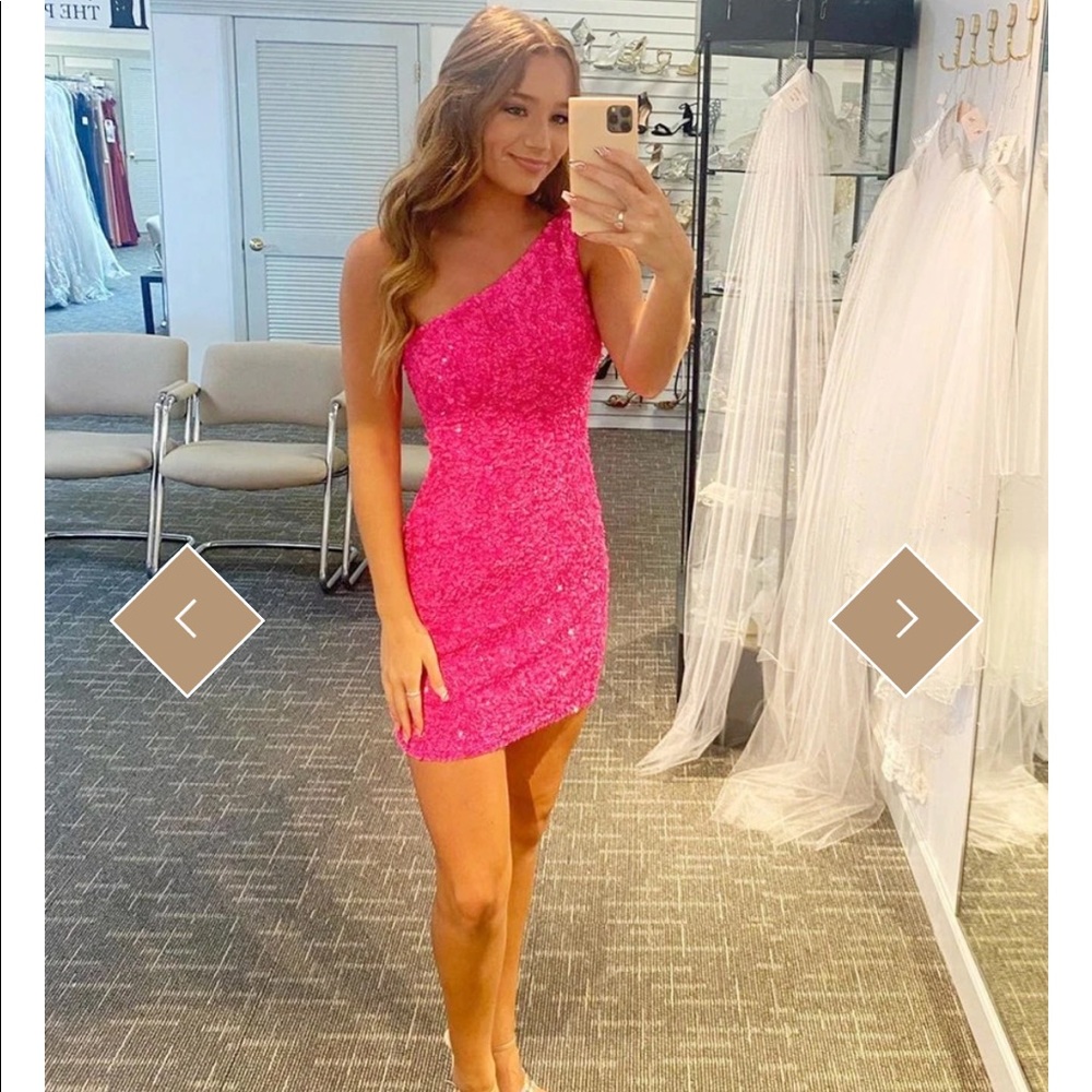 Pink sequin, one shoulder hoco dress, Size 2, Never Worn with tags!!